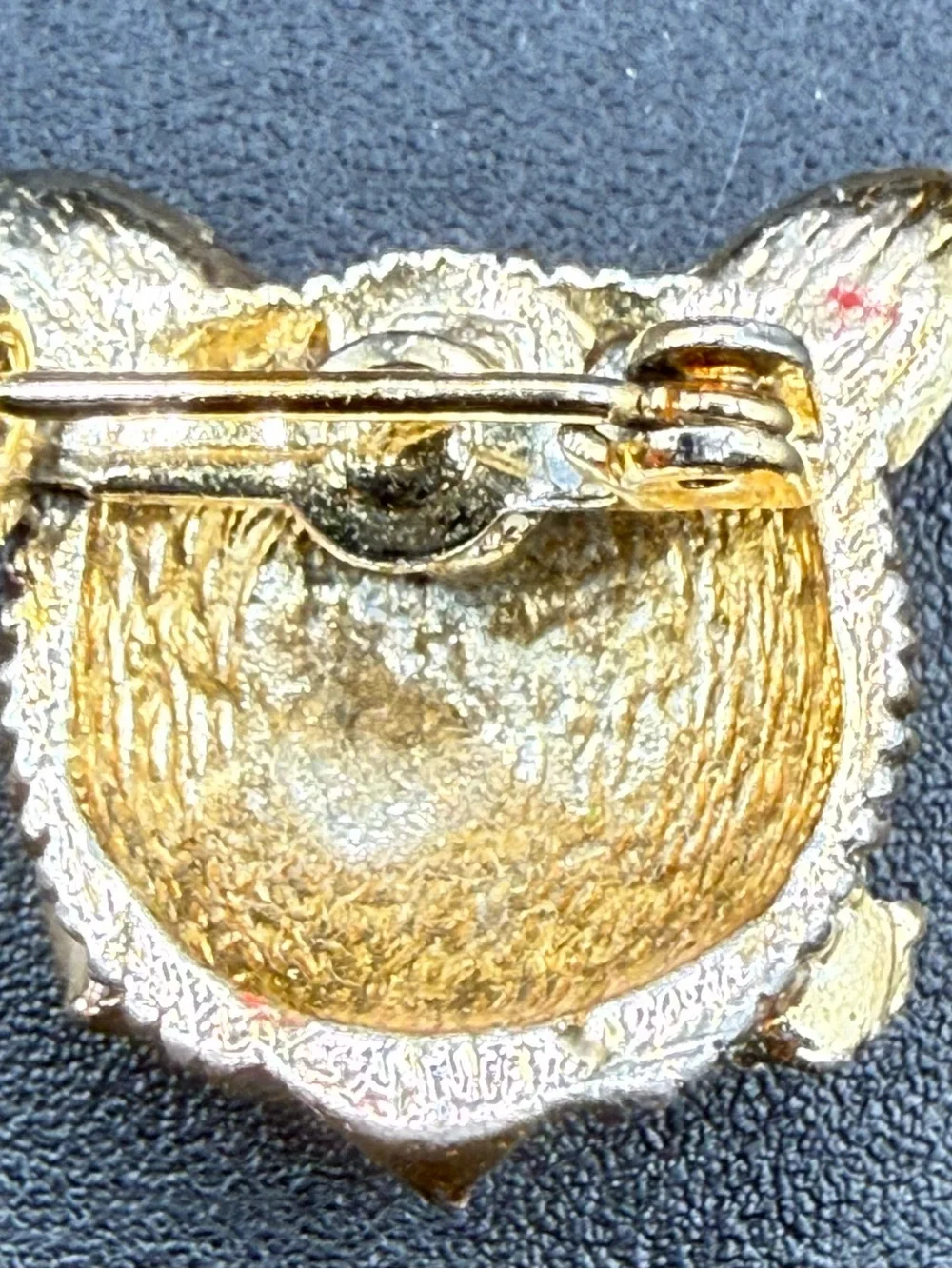 Gold Cat Face Pin Brooch with Winking Eye Red and Green Accents